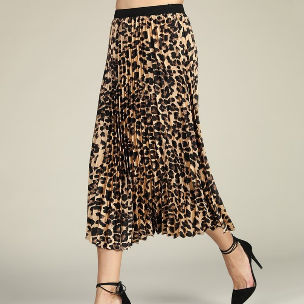 Brown Leopard Pleated Midi Wrinkle Skirt